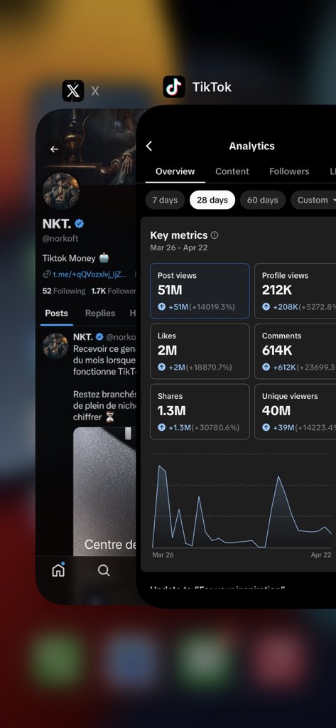 51M de vues sur les 28 derniers jours sur 1 seul de mes comptes 🧨🫢

Je t’ai préparé un document de 5 idées de niche pour chiffrer sur TikTok 

🎁 Pour recevoir le document : Tu dois me follow : <a href="/norkoft/">NKT.</a>, RT et commenter «NICHE» 🎁