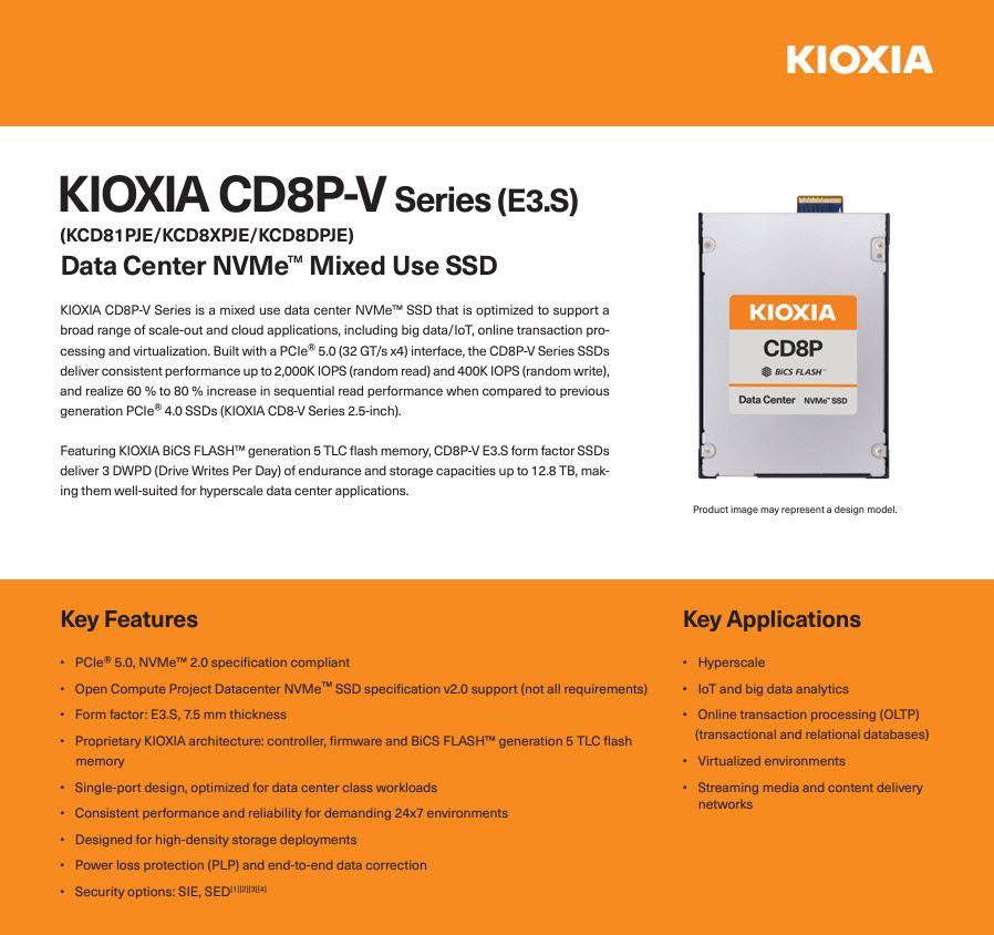 Featuring KIOXIA BiCS FLASH generation 5 TLC flash memory, CD8P-V E3.S form factor SSDs deliver 3 DWPD and storage capacities up to 12.8 TB, making them well-suited for hyperscale data center applications. Find out more with this performance brief: bit.ly/3xtpZcA