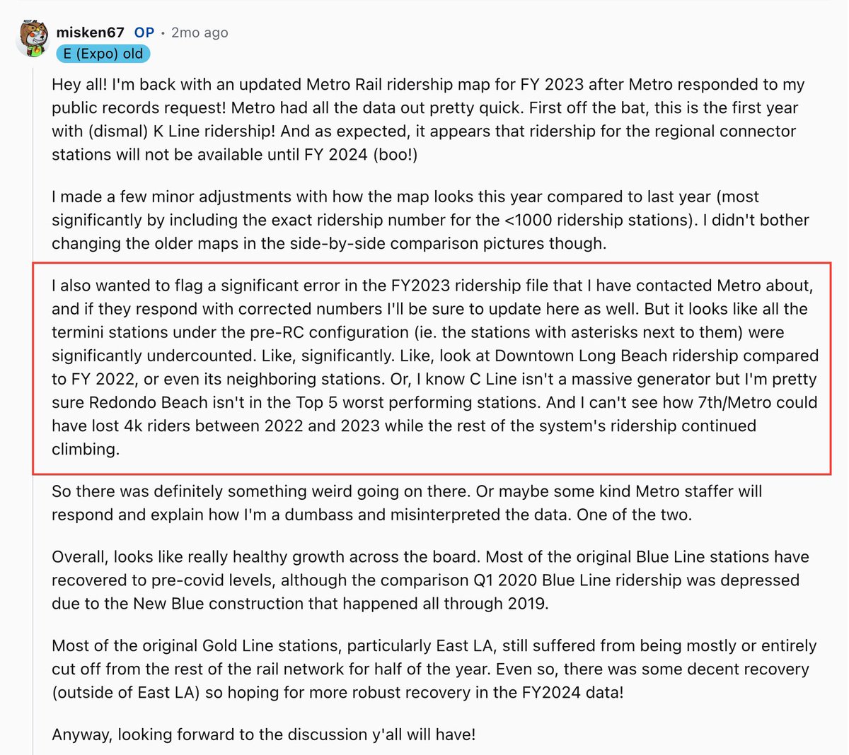 LA Metro report on ridership undercounting discovered by @misken67 and reported on Reddit. Light rail ridership at end-of-line stations was underreported by ~5%. Metro was trying to subtract security/cleaning/supervisor boardings but over-subtracted. boardarchives.metro.net/BoardBox/2024/…