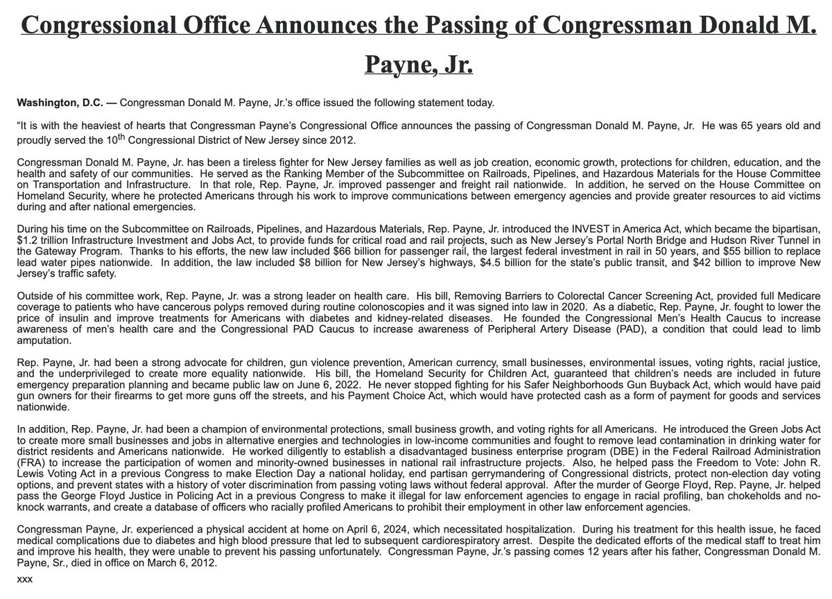 Rep. Donald Payne Jr.'s office confirms his death: - Says he 'experienced a physical accident at home' on April 6 and was hospitalized - During treatment, he experienced complications from diabetes/high blood pressure that 'led to subsequent cardiorespiratory arrest.'