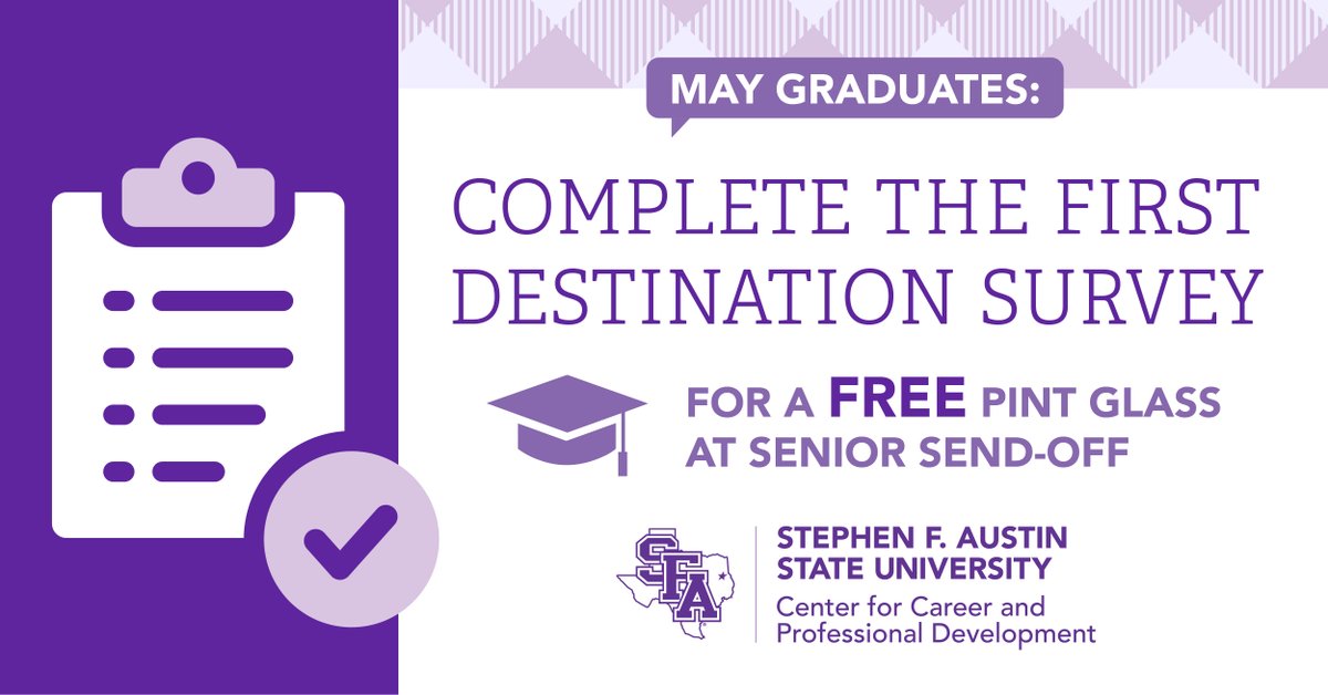 Hey, May graduates! We want to know what you have planned following graduation. A link to and details about the First Destination Survey are in your mySFA email or your Handshake account. Don’t know your plans? Visit the @SFACCPD for help! sfasu.edu/ccpd 🙌💜🎓🗺️ #SFA24