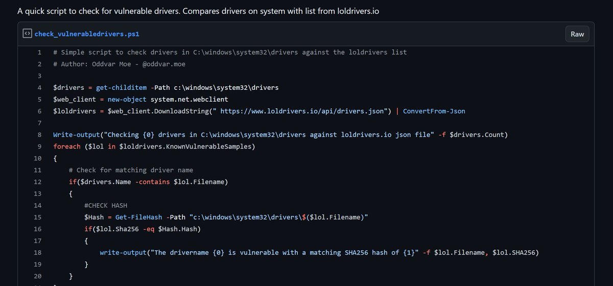 Handy and valuable script!
[Script] A quick script to check for vulnerable drivers. Compares drivers on the system with a list from loldrivers.io
buff.ly/3W6k1si 

Credit: api0cradle 

#CyberSecurity #PowerShell