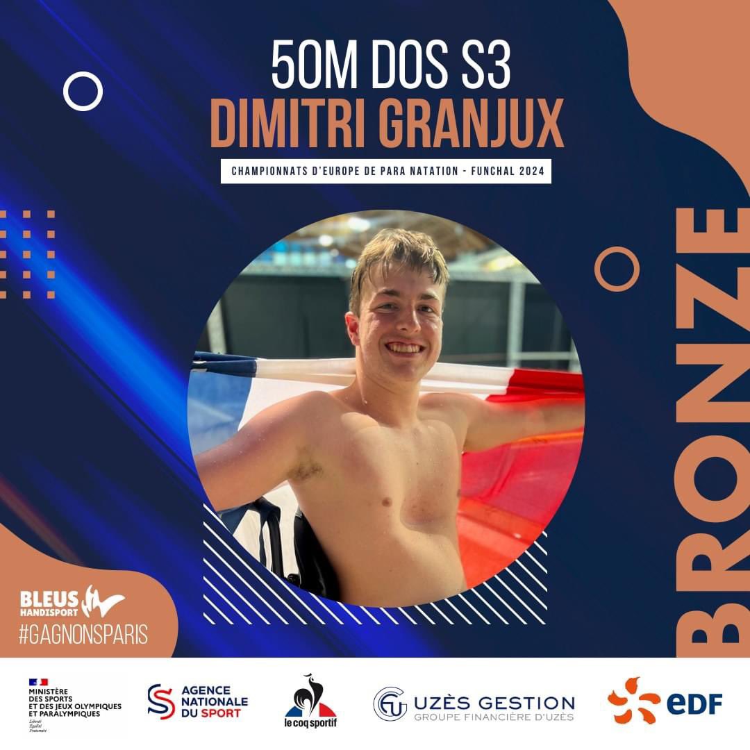 𝐃𝐈𝐌𝐈𝐓𝐑𝐈 𝐆𝐑𝐀𝐍𝐉𝐔𝐗 𝐂𝐎𝐍𝐓𝐈𝐍𝐔𝐄 𝐒𝐔𝐑 𝐒𝐀 𝐋𝐀𝐍𝐂𝐄́𝐄 Deuxième médaille pour le haut savoyard de 18 ans Dimitri Granjux, qui après avoir offert la première marseillaise au clan tricolore, décroche le bronze sur le 50m dos S3 ! #GagnonsParis 🇫🇷 #BleusHandisport