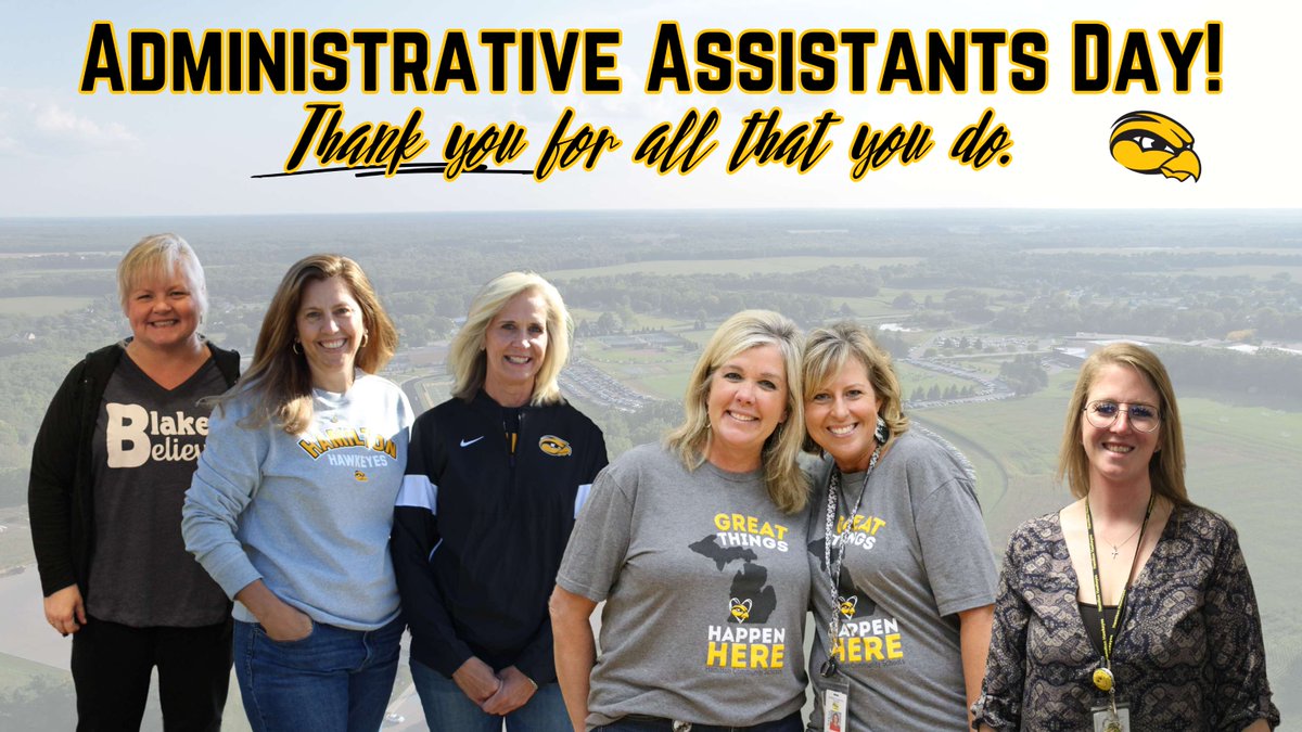 It's Administrative Assistant/Secretaries Day! 🎉 Hamilton Community Schools is so blessed to have outstanding people in these roles who are helpful, energetic, positive, and keep everything running smoothly! 🖤💛 #SecretariesDay | #HawkeyeFamily