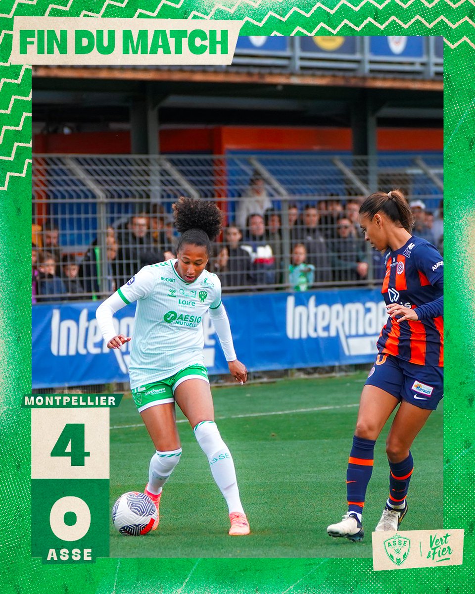 90e+3 : ⏹️ C’est terminé. Les Vertes s’inclinent à Montpellier pour ce dernier déplacement. La saison se terminera dans deux semaines, à la maison, face à Lille ! 🟠 4-0 💚 #MHSCASSE