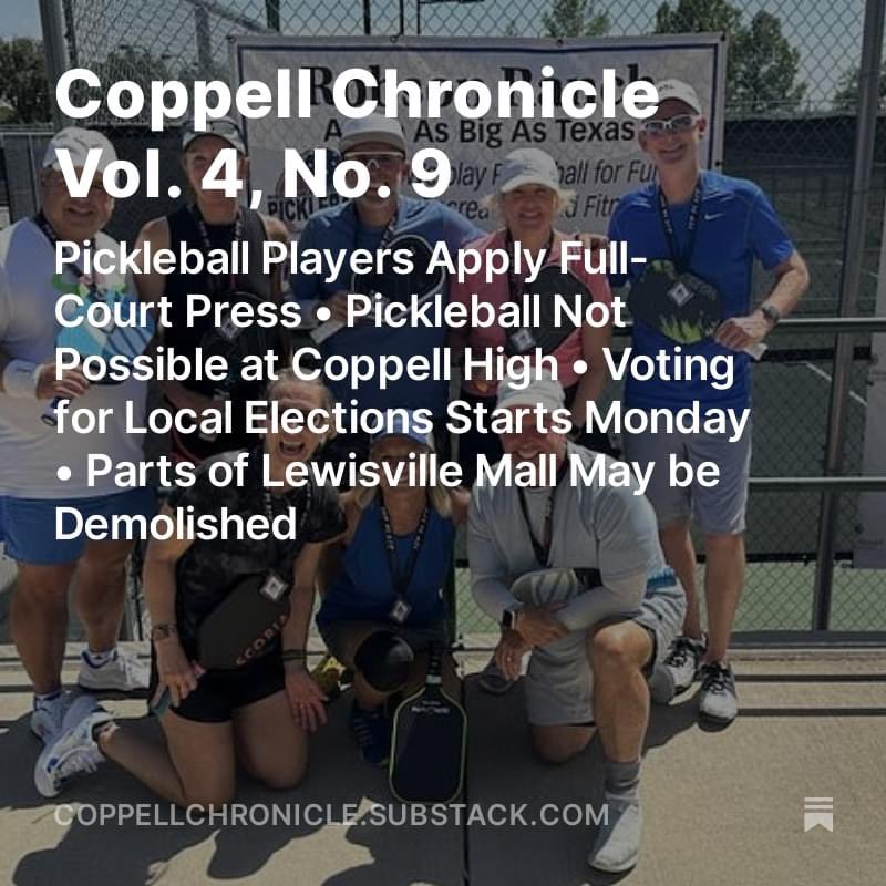 During last night’s Coppell City Council meeting, Mayor Wes Mays announced the council will have a special meeting on April 30, when they will discuss three topics: digital signage, parking in Old Town, and … [dramatic pause] … pickleball.
