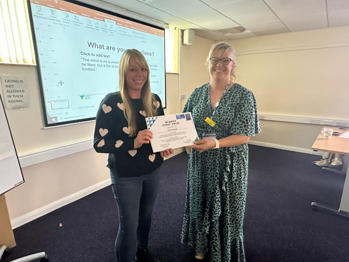 RotherhamACP's tweet photo. Winners and runner up in our poster presentations..... Susie from the Pain Team and Tammy from SDEC.  Well done.  Thank you to all our entrants, there's some really good work been happening at TRFT https://t.co/1QZzSS855y