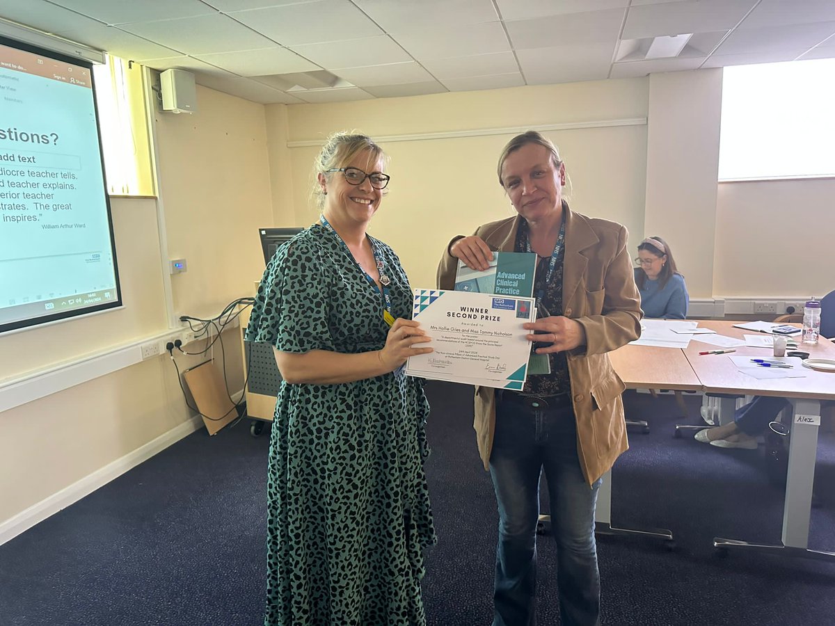 RotherhamACP's tweet photo. Winners and runner up in our poster presentations..... Susie from the Pain Team and Tammy from SDEC.  Well done.  Thank you to all our entrants, there's some really good work been happening at TRFT https://t.co/1QZzSS855y