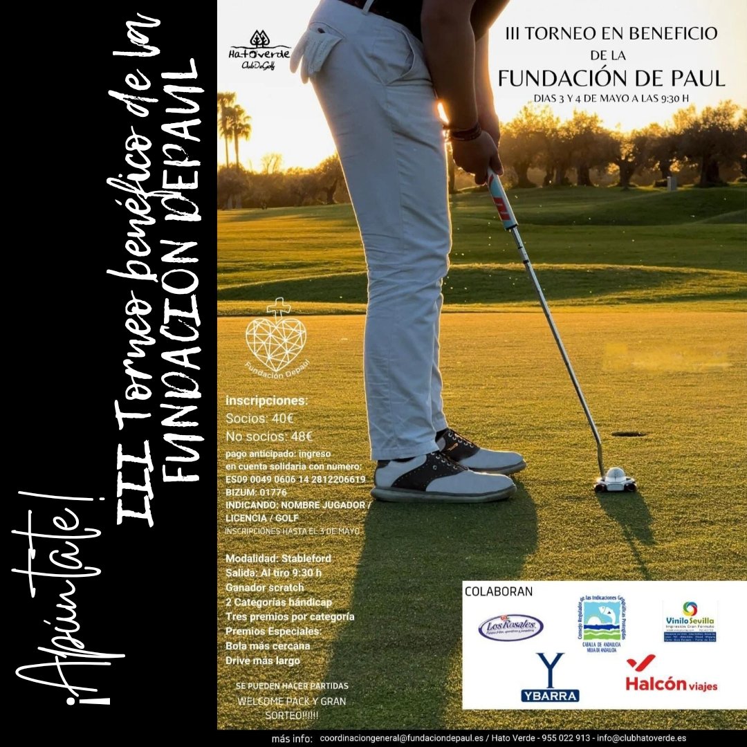 Os anunciamos la celebración del III TORNEO BENÉFICO de la Fundación Depaul que se celebrará el día 3 y 4 de mayo en el Club Hato Verde. ¡Apúntate! Os esperamos