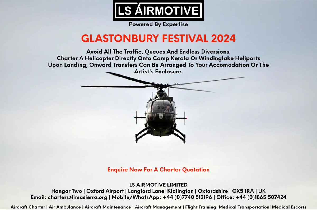 #glastonburyfestival By Helicopter Anyone ?
#festivalseason #musicartists #VIP #helicopter #luxurytravel #artistmanagement #agent #aircraftcharter