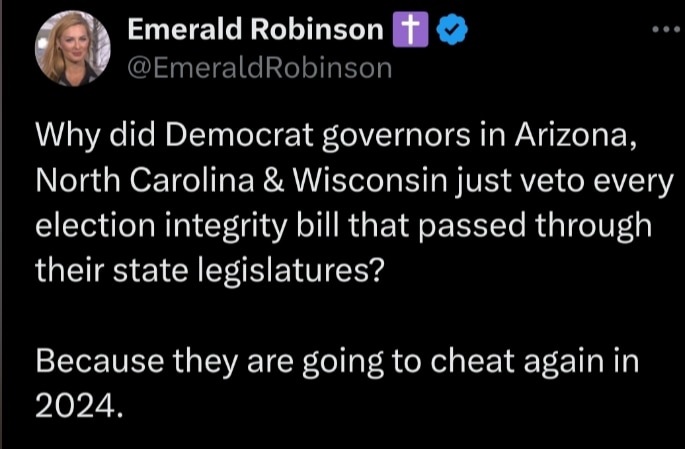Good question! Why did Democrat governors veto election integrity bills if it wasn't to cheat?