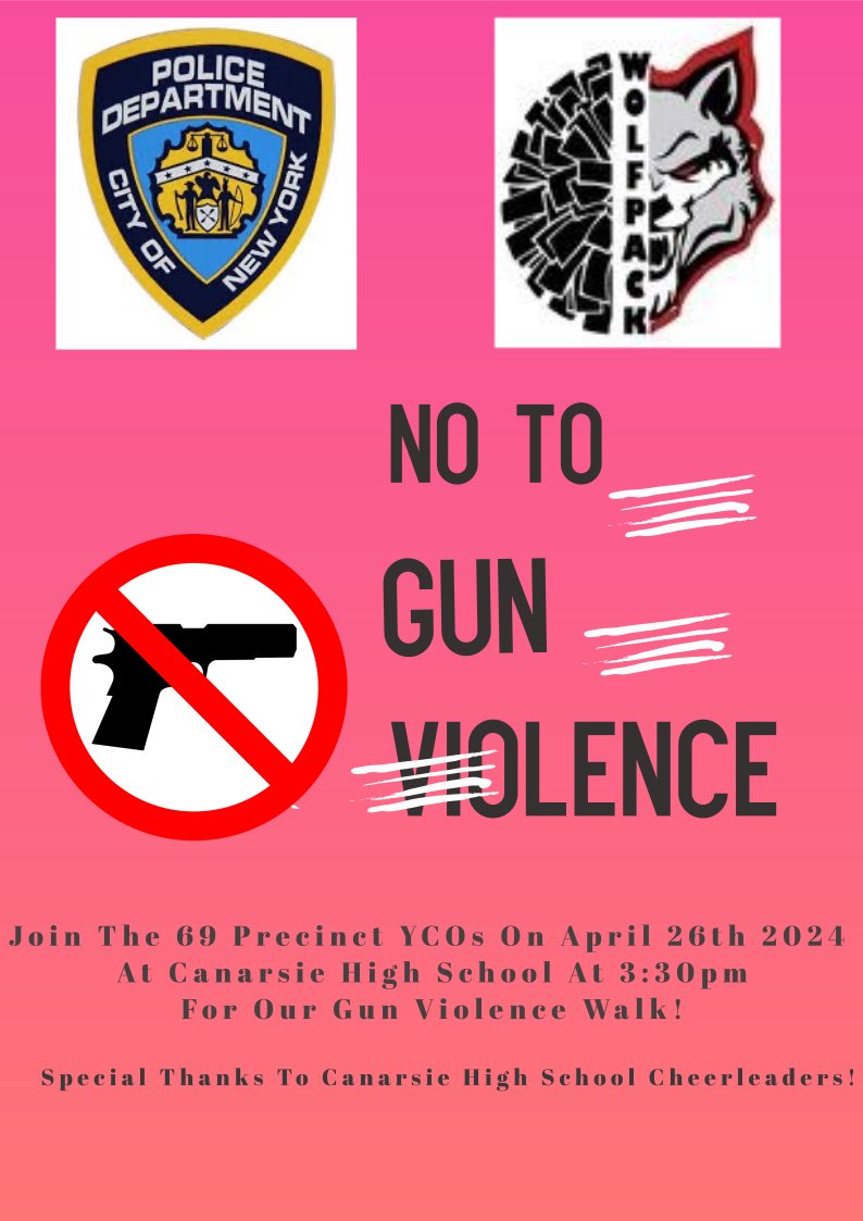 Let's walk together on Friday, April 26th 3:30pm to show our commitment to building a safer community for everyone. Say “No To Gun Violence” and join us for the cause. For more information contact (718) 257-6205. #SaferCommunity #StopGunViolence