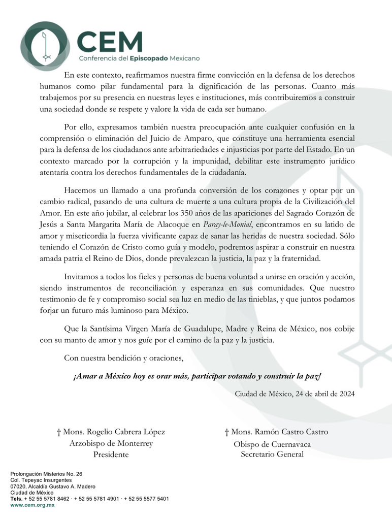 🔴 Al lanzar un urgente llamado a la paz y contra de la implementación de una cultura de muerte, violencia y «cultos distorsionados como el de la Santa Muerte», la @IglesiaMexico dijo que debilitar el instrumento de #JuicioDeAmparo atentaría contra los derechos fundamentales.