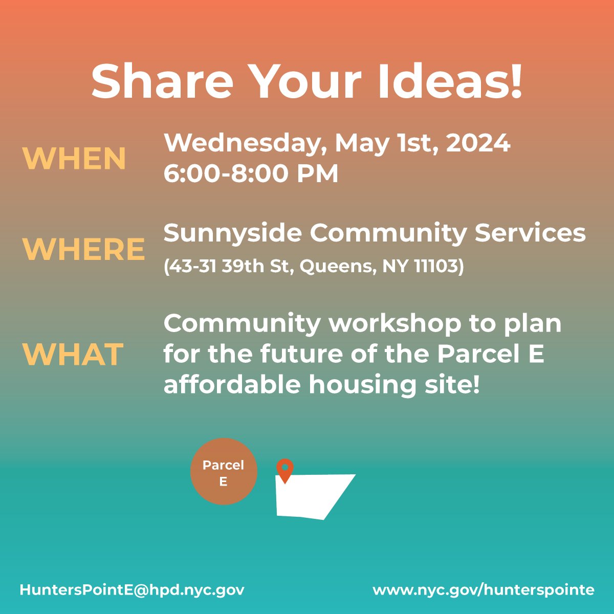 Join us on 5/1 to learn about the Parcel E affordable housing development and discuss how this site could serve the needs of the community! HPD will be providing snacks, refreshments, and childcare during the workshop. RSVP today: forms.office.com/g/FEFBjacQwD