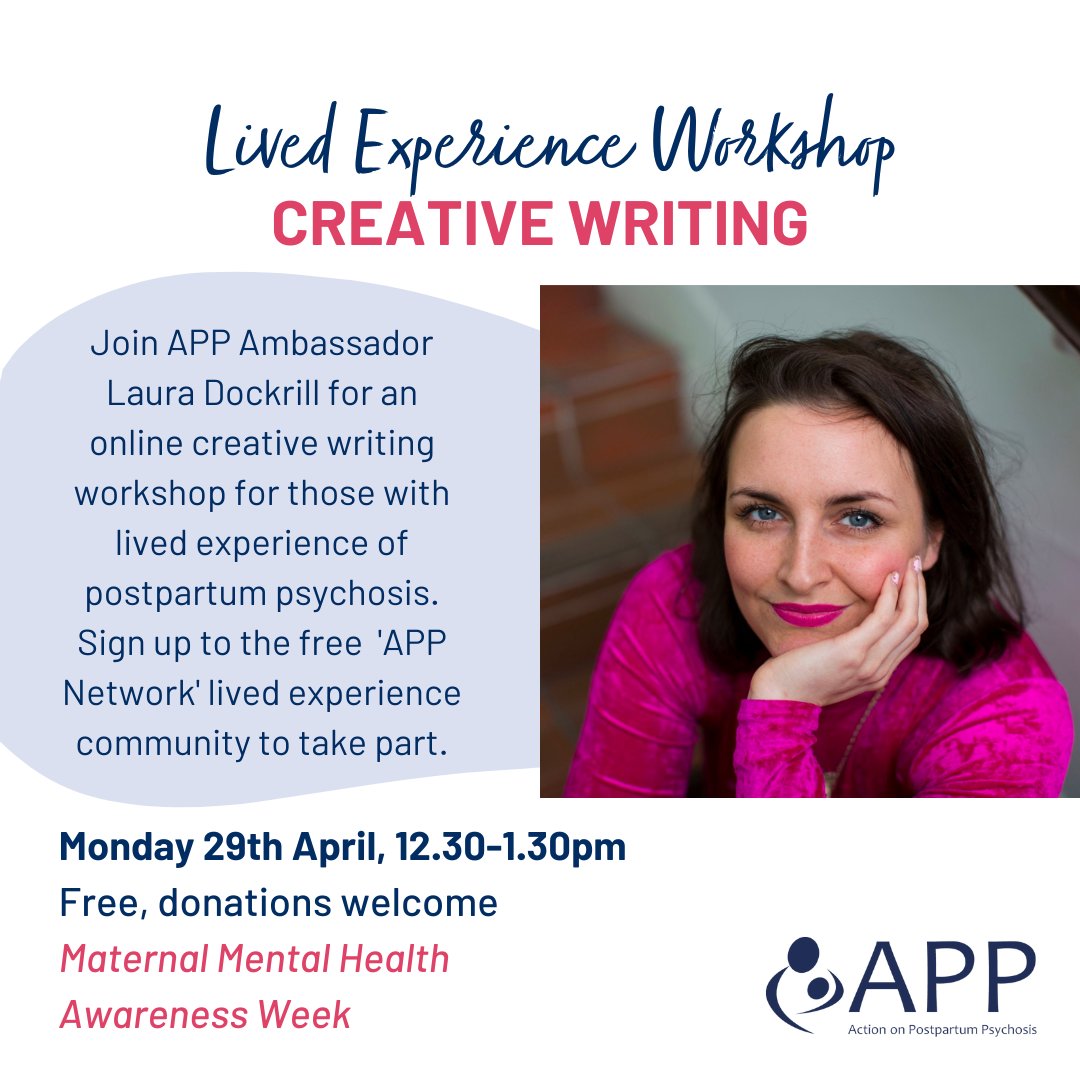 📝 Creative Writing – A Lived Experience Workshop with @LauraDockrill, Monday 29th April, 12.30pm – 1.30pm on Zoom. 🔗 Book here: ow.ly/ettE50Rns62 Free, donations welcome #PostpartumPsychosis #MaternalMHMatters #PPPAwarenessDay @PMHPUK @WMMHday