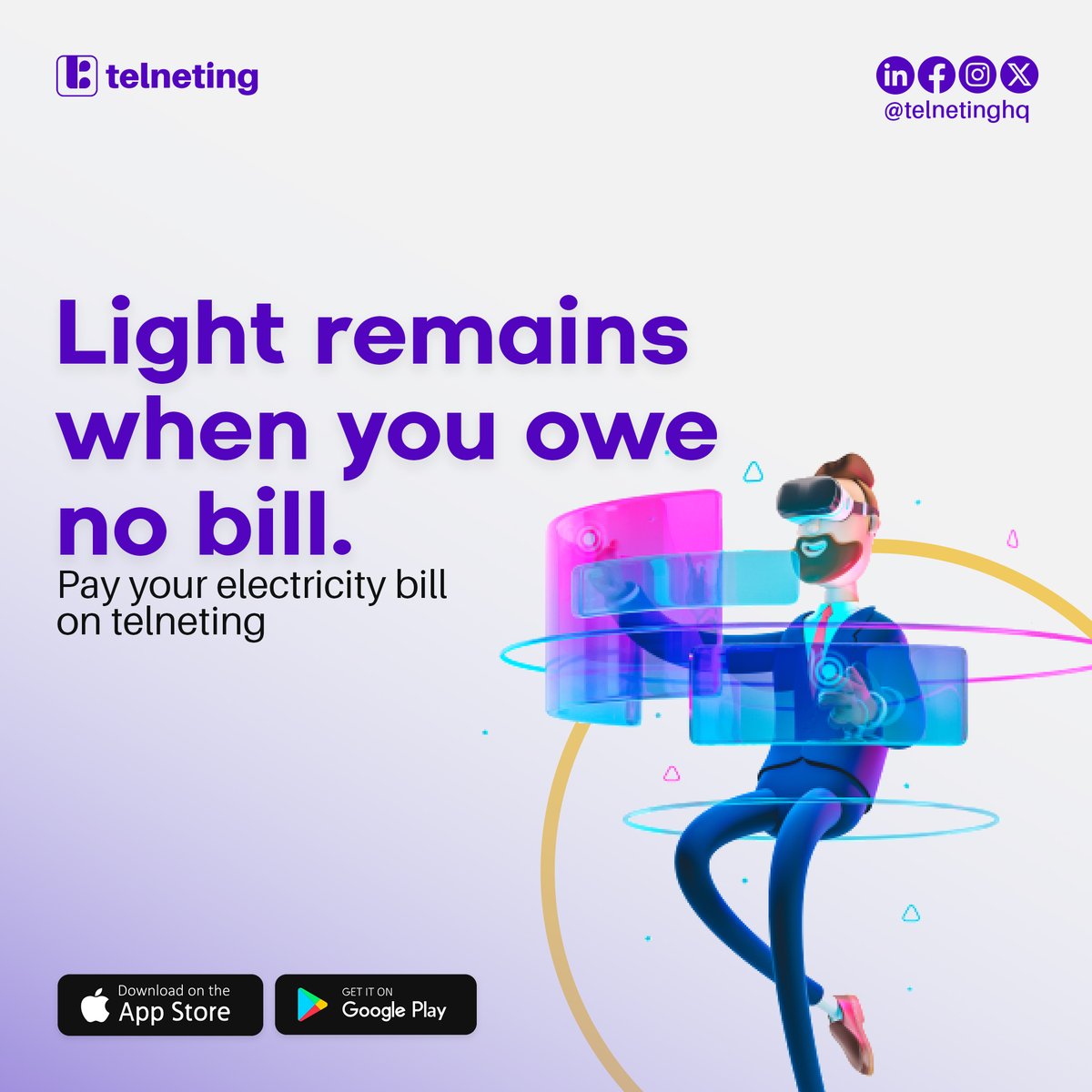 With the Telneting app, paying your electricity bill is easy.

Say goodbye to darkness and hello to light.

Download our app now and keep the light shining.

.
.
.

#Telneting #ElectricityBill #Convenience #IKEDC