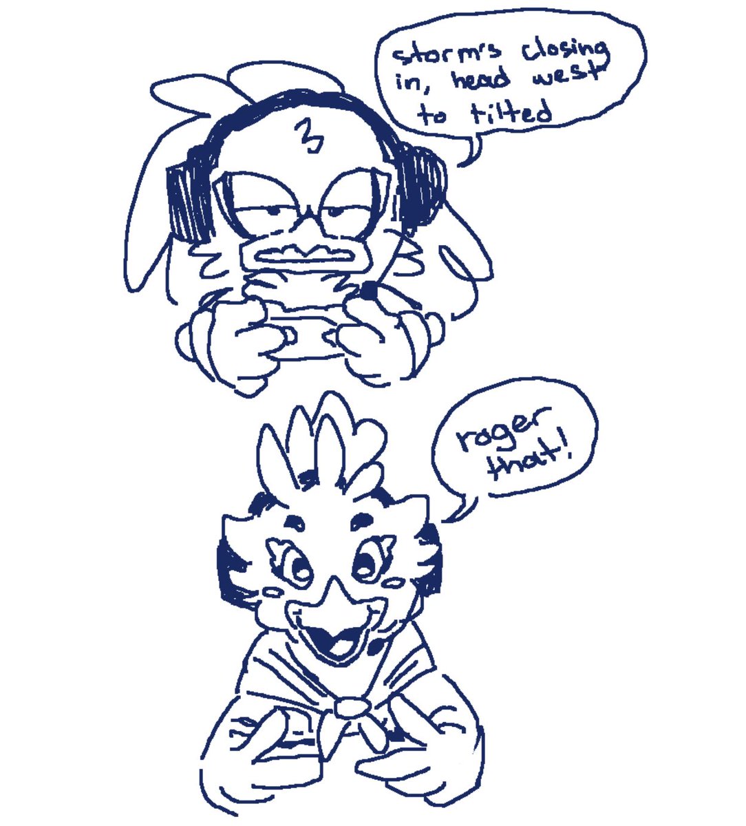 for my own sanity i'm not drawing that first one so here's jet sitting on a pile of large store bought eggs like any good single father and also here's jet and tulin playing fortnite 