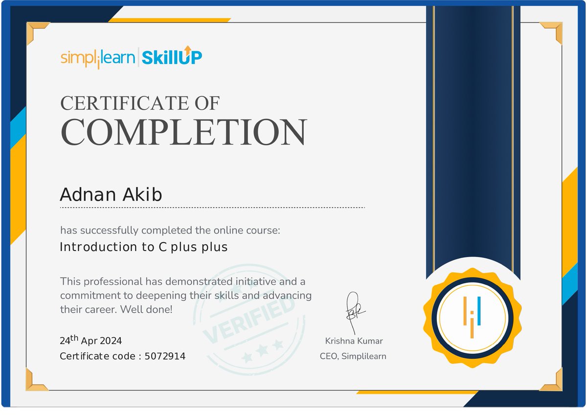 Thank you, #SkillUp by #Simplilearn 🙌 📢 I am super excited to share that I’ve just completed Introduction to C++. 🎓

Certificate link: certificates.simplicdn.net/share/5072914_…
