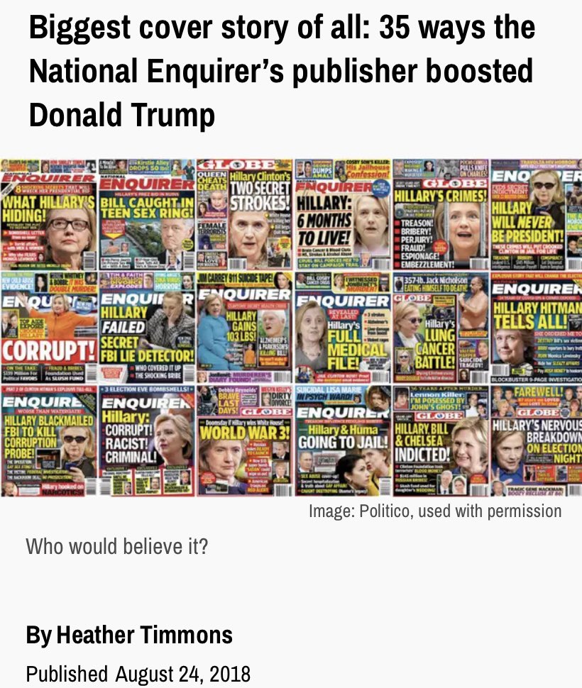 “Here’s a look at how 35 covers built an over-the-top narrative of the dangers of a Hillary Clinton presidency & the benefits of a Trump one. Could decent Americans vote for a lying, dying, criminally minded candidate? Enquiring minds in checkout aisles across the US were told