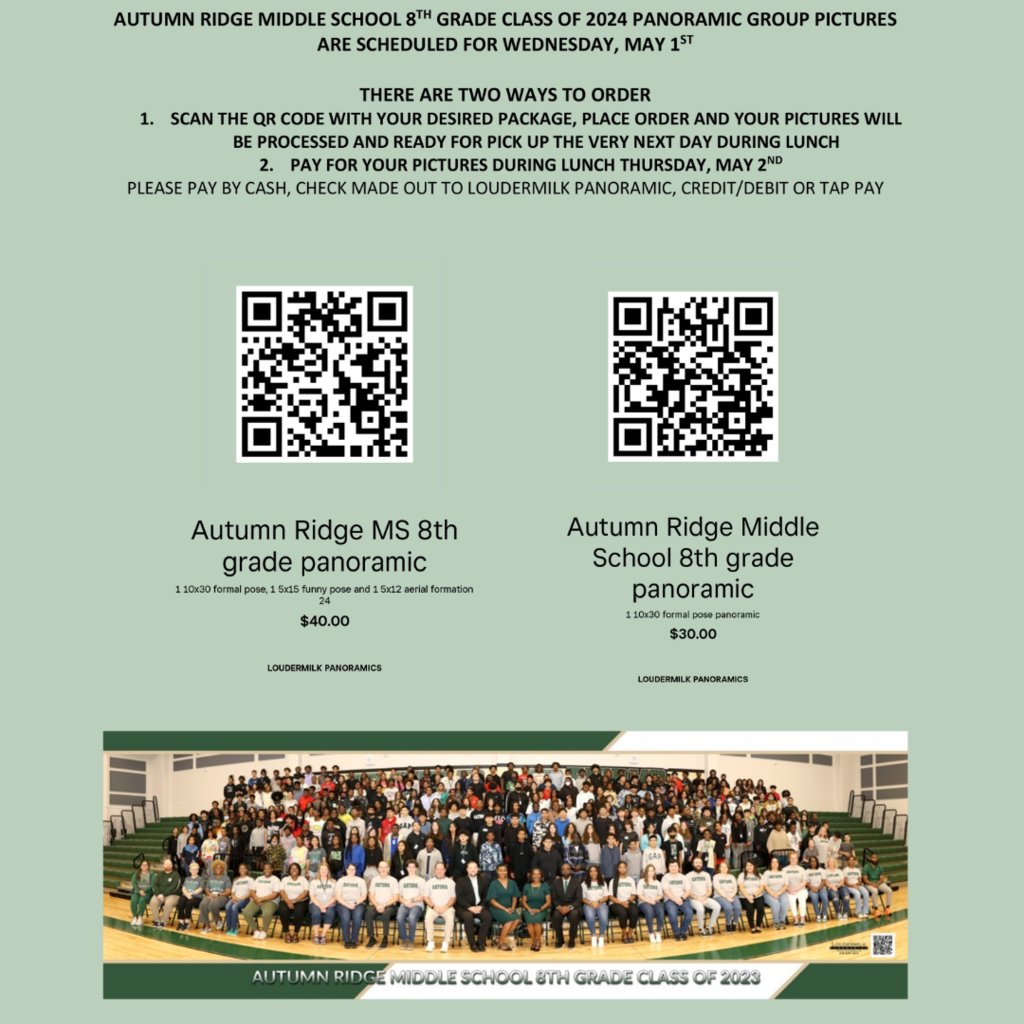 📸 Attention ARMS 8th graders of 2024! Don't miss out on your panoramic picture! 🎓 Order now for the May 1st photo! Capture those memories and be sure to scan the QR code to make your payment. #Classof2024 #MemoriesForever 🎉📷