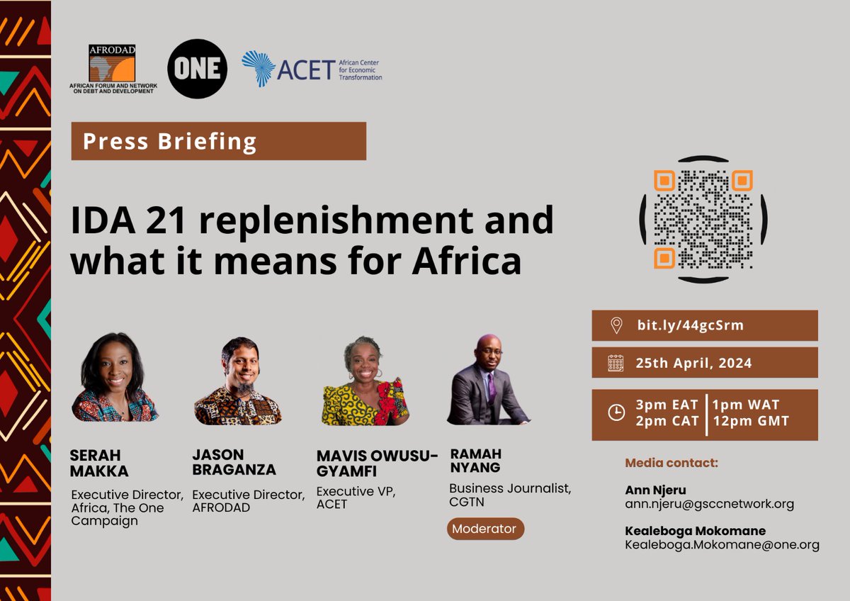 📢Ahead of the IDA for African Heads of State Summit on Apr 28-29 in Nairobi, join @MOGinAfrica, @szmakka, & @JasonBraganza1 for a media briefing on #IDA21 replenishment & its impact on #Africa. 🗓️Apr 25, 3 PM EAT 🔗bit.ly/44gcSrm cc: @AFRODAD2011 @ONEinAfrica @WBG_IDA