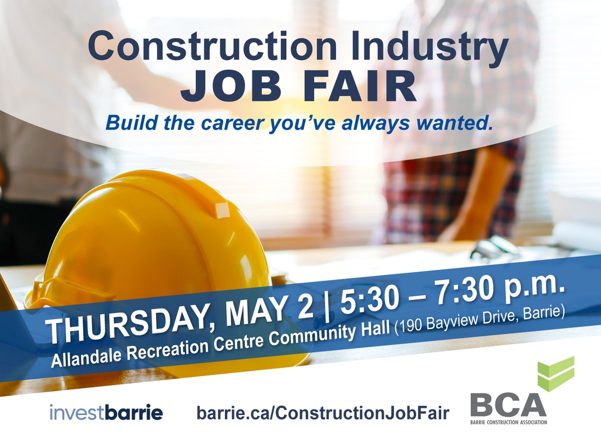 Make connections w/ local employers hiring for jobs in the construction industry! @InvestBarrie & Barrie Construction Association are hosting a Construction Industry Job Fair next week. Visit barrie.ca/ConstructionJo… for full details. #BarrieJobs