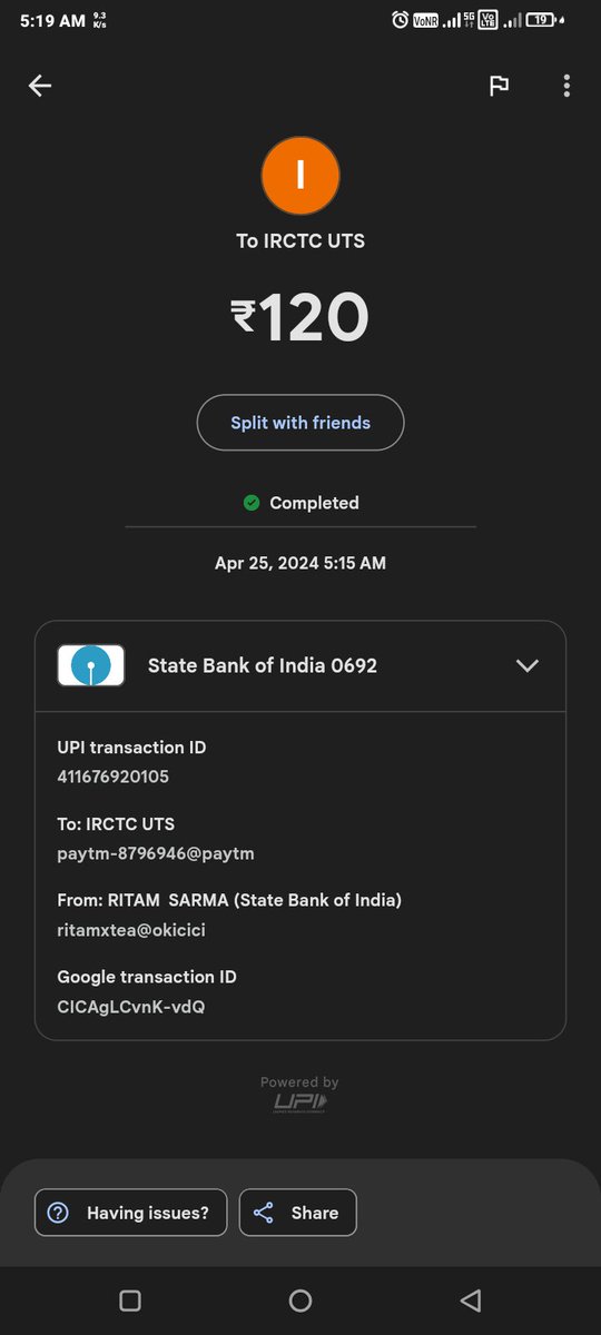 RitamSarma13's tweet photo. I have  booked ticket in UTS. I have paid the money but in the apps there is showing no ticket booking. @IRCTCofficial @DRM_RNY @RailMinIndia https://t.co/AMjWz5nide