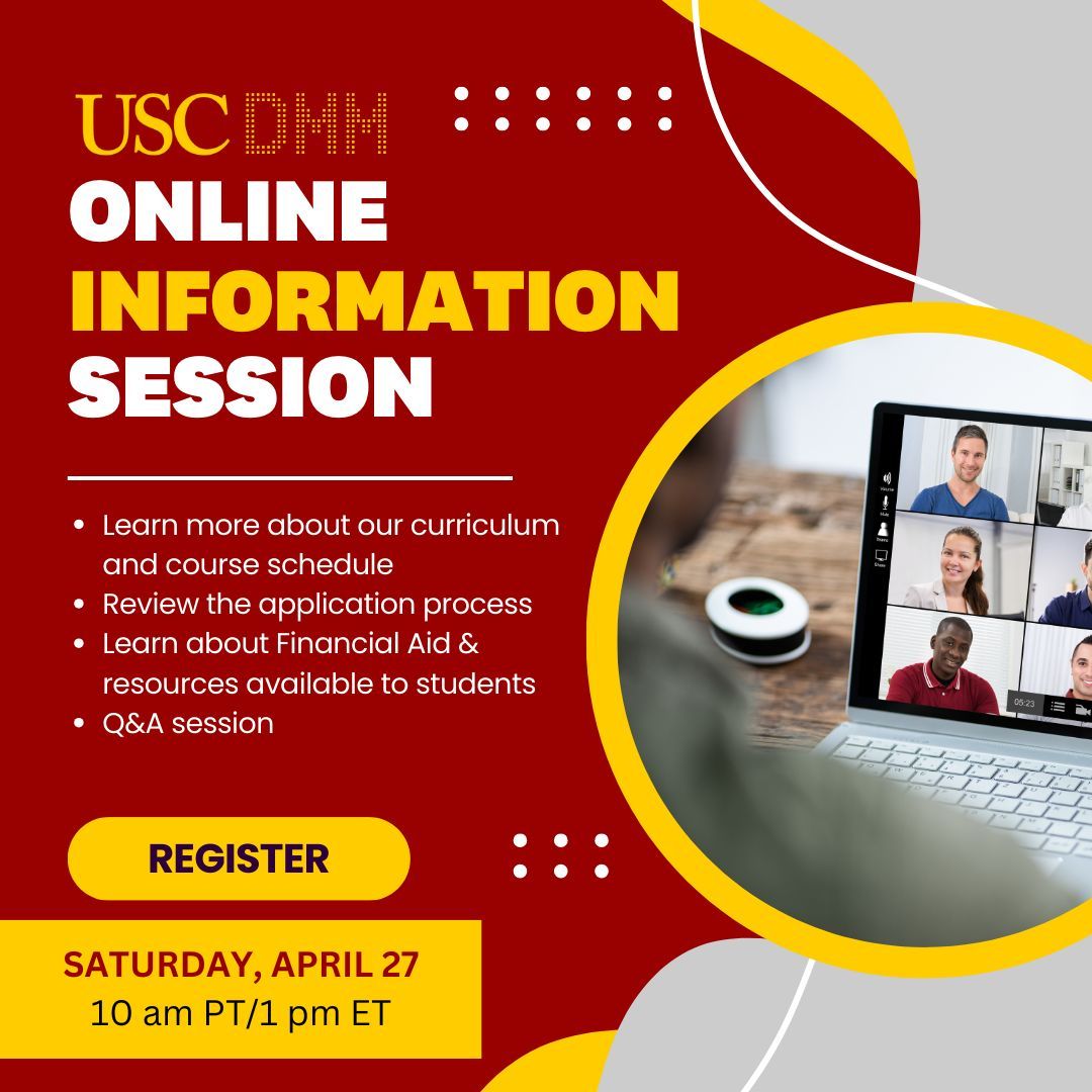 🌟 Curious about our Digital Media Management program? Join us for an online information session on April 27th led by our Admissions Department! 

🚀💻 Register here: buff.ly/3wiGZSu

#USCDMM #DigitalMedia #InformationSession #QandA #USC #USCDMMJourney #ASCJ #USCOnline