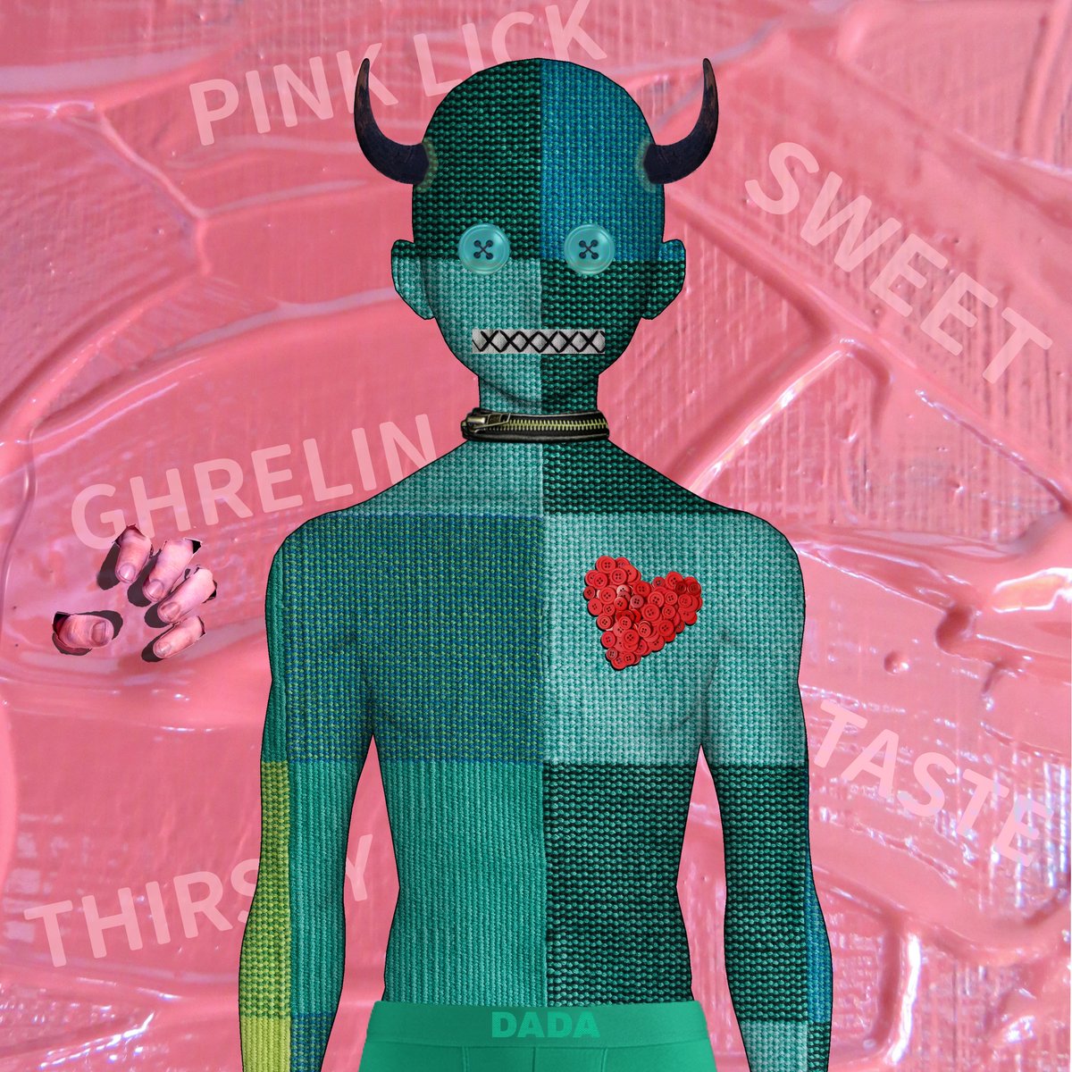 Stitch, a textile Fren with button heart &amp; eyes, zipper choker, black horns, and "DADA" waistband.  A creamy pink &amp; teal complimented artwork filled with sensationalist messages related to oral desire.  He'll get stitched up with the other Frens Friday @ nftdegen.lol🧵