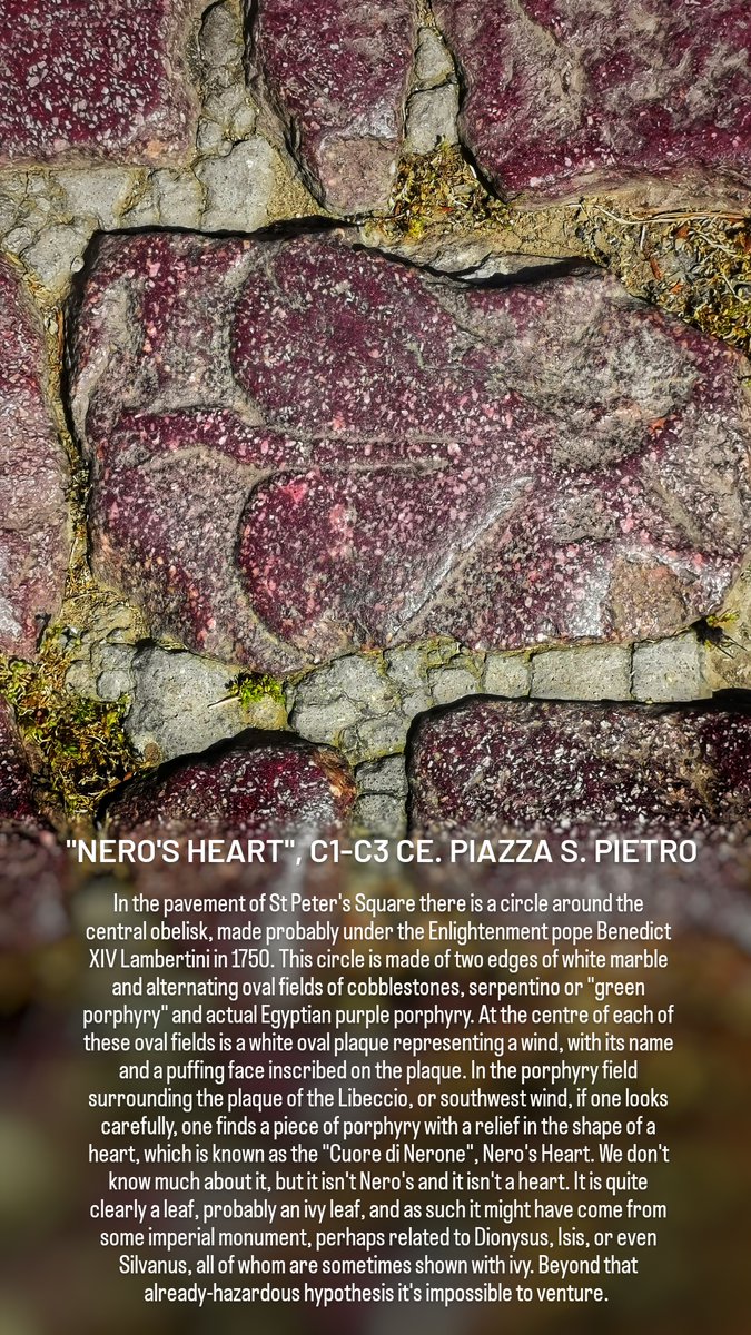 #ReliefWednesday offers us the opportunity to consider how hard and how purple the #heart of #Nero was (probably not very, in both cases), and why a #porphyry cobblestone bears his name in the #Vatican, the heart of #Catholic #Christendom.