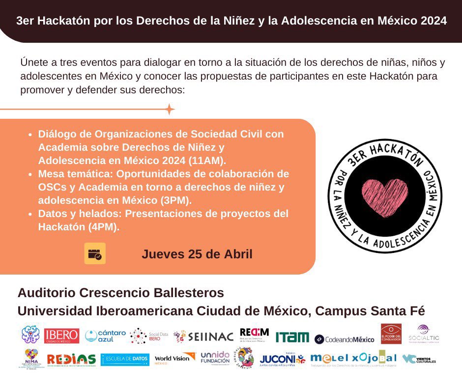 #NiñezEnDatos✊

En el marco de la 3.ª edición del #HackatónNiñezyAdolescencia, la red @derechoinfancia realizará el Diálogo de Organizaciones de #SociedadCivil con Academia sobre Derechos de Niñez y Adolescencia en #México.

¡No se lo pierdan!

📅25-04-24
🕚11:00 am
📍@IBERO_mx