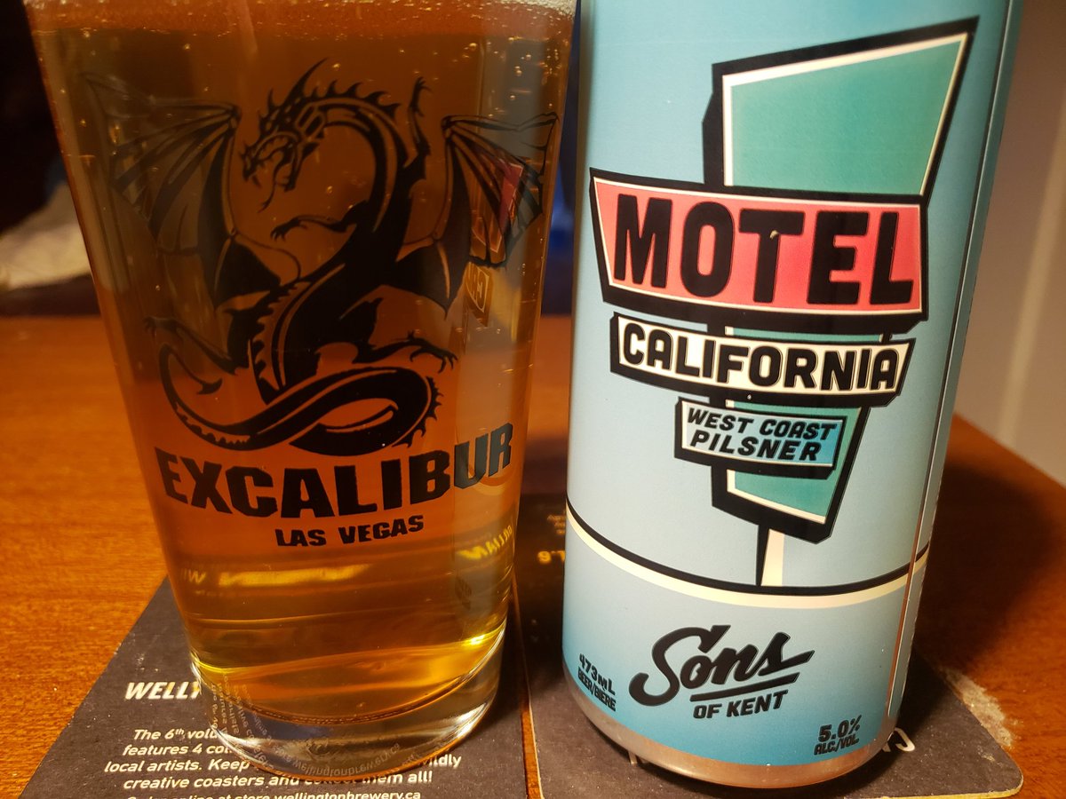 LEAFS VS BRUINS GAME THREE 1ST PERIOD BEER! Back from Vegas so using my @ExcaliburVegas glass and starting with a @sonsofkent Motel California to honour my stay at @thecalcasino. Dandy little 5% Pilsner with a hoppy kick and tropical nose. Close to an IPL. Okay... GO LEAFS!!