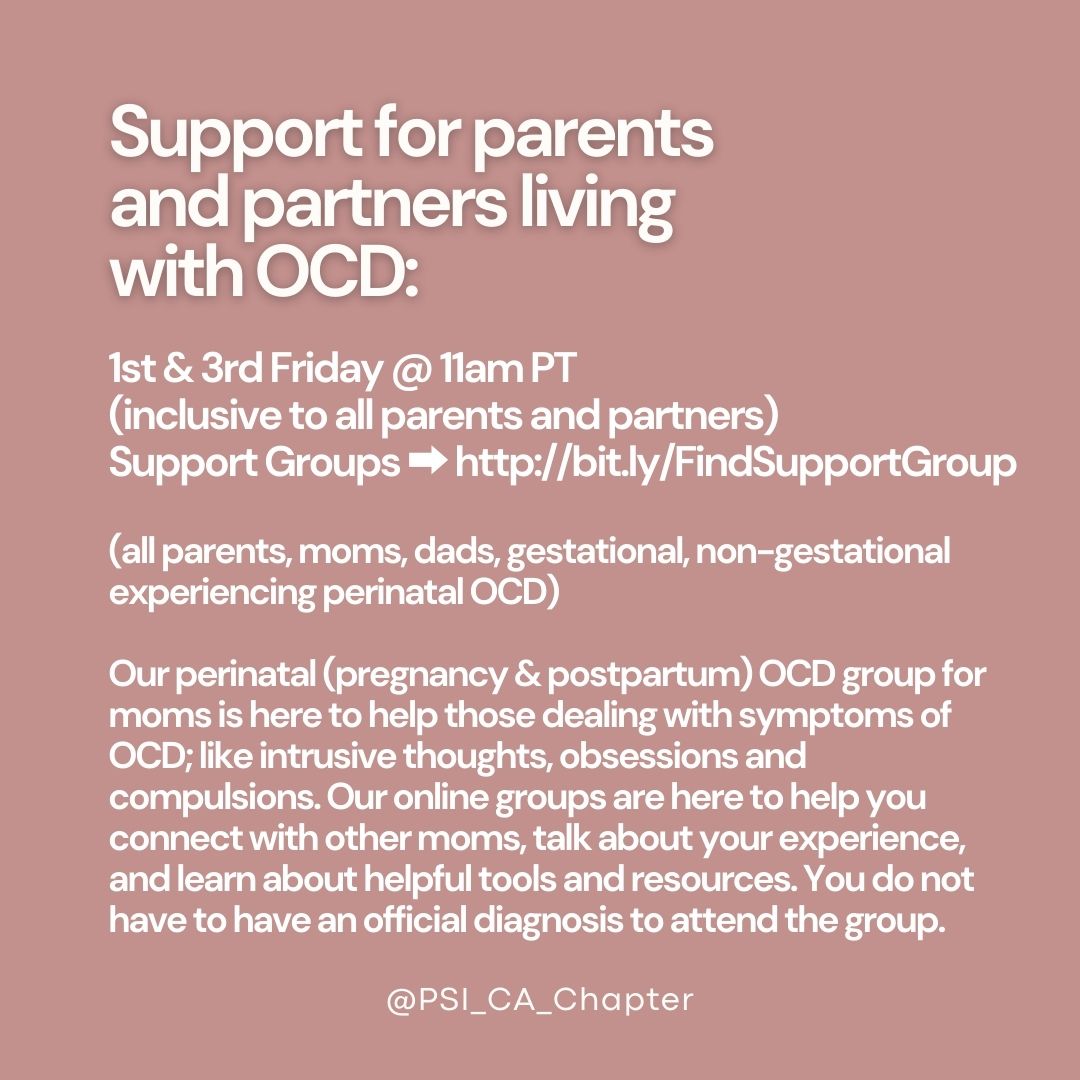 PSI_CA_Chapter's tweet photo. Parents living with OCD, you are NOT alone. Support groups for Moms living with OCD: Every Tuesday @ 5:30pm PT &amp; Parents living with OCD: 1st &amp; 3rd Friday @ 11am PT (inclusive to all parents, gestational, non-gestational experiencing perinatal OCD): https://t.co/aeKhCFBH1P https://t.co/6W1FSl0YAv