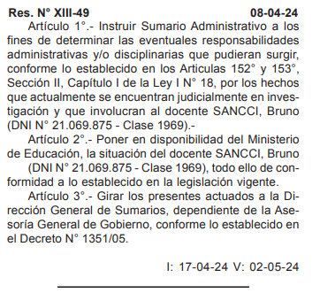 En #BO #Chubut de estos días se publica la Resolución XIII-49 del 8 de abril que instruye Sumario Administrativo para determinar responsabilidades por hechos relacionados al #CasoSancci y se pone al docente 'en disponibilidad' ⬇️