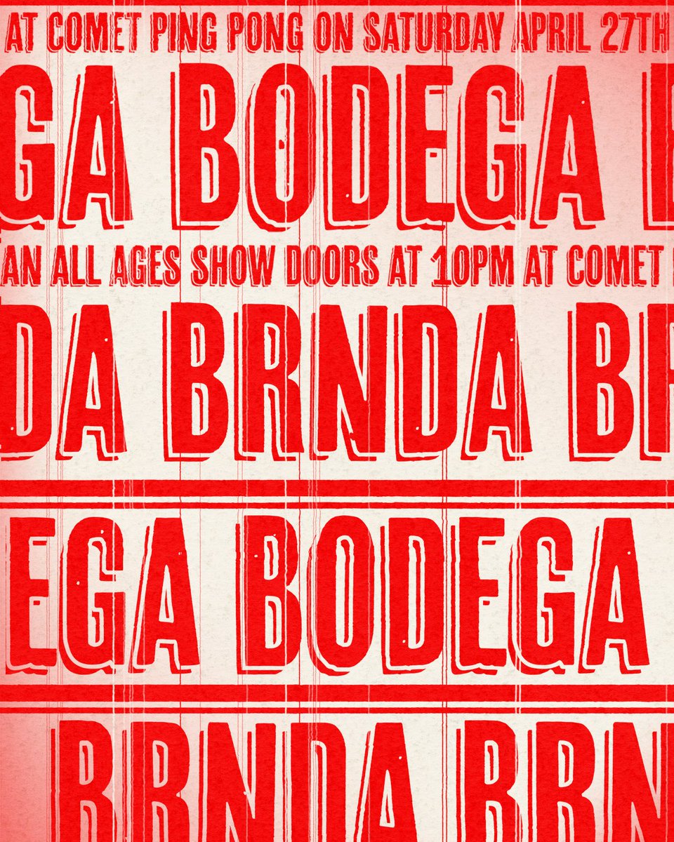 🔥TONIGHT🔥
At @cometpingpong:
10:00pm - Doors
10:30pm - @Brendatheband
11:15pm - BODEGA

🏓 Ping pong tables close at 9:15pm 🏓

Tickets available here: link.dice.fm/bodega_4_27_24
