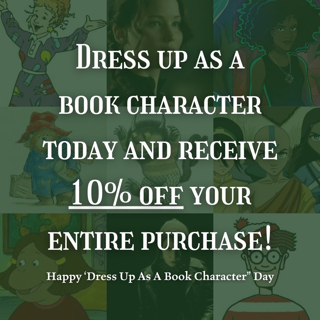 Today's Spirit Week Theme: Dress Up As A Book Character Day 📚👕👖 If you show up to one of our locations dressed up as a book character, you'll receive 10% off your entire purchase (we provided some inspo in the graphic for ya 😉)!