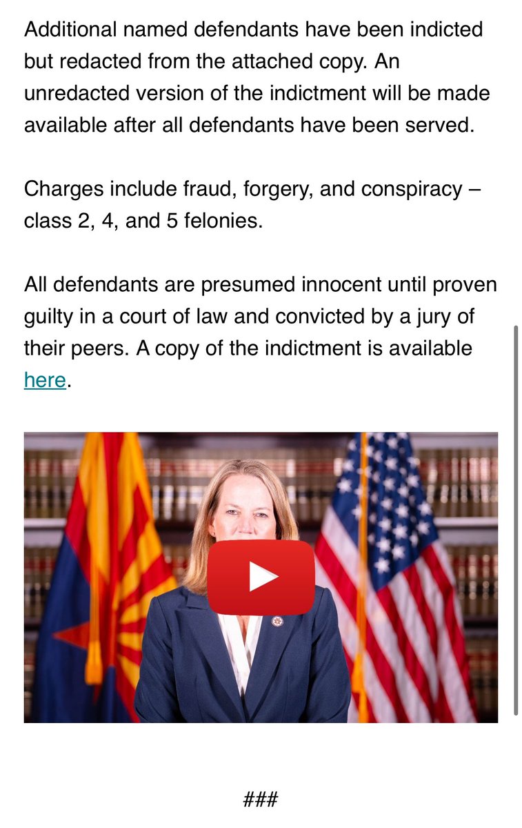 !!! Arizona attorney general announces that a state grand jury has returned indictments against a number of defendants in the fake elector scheme