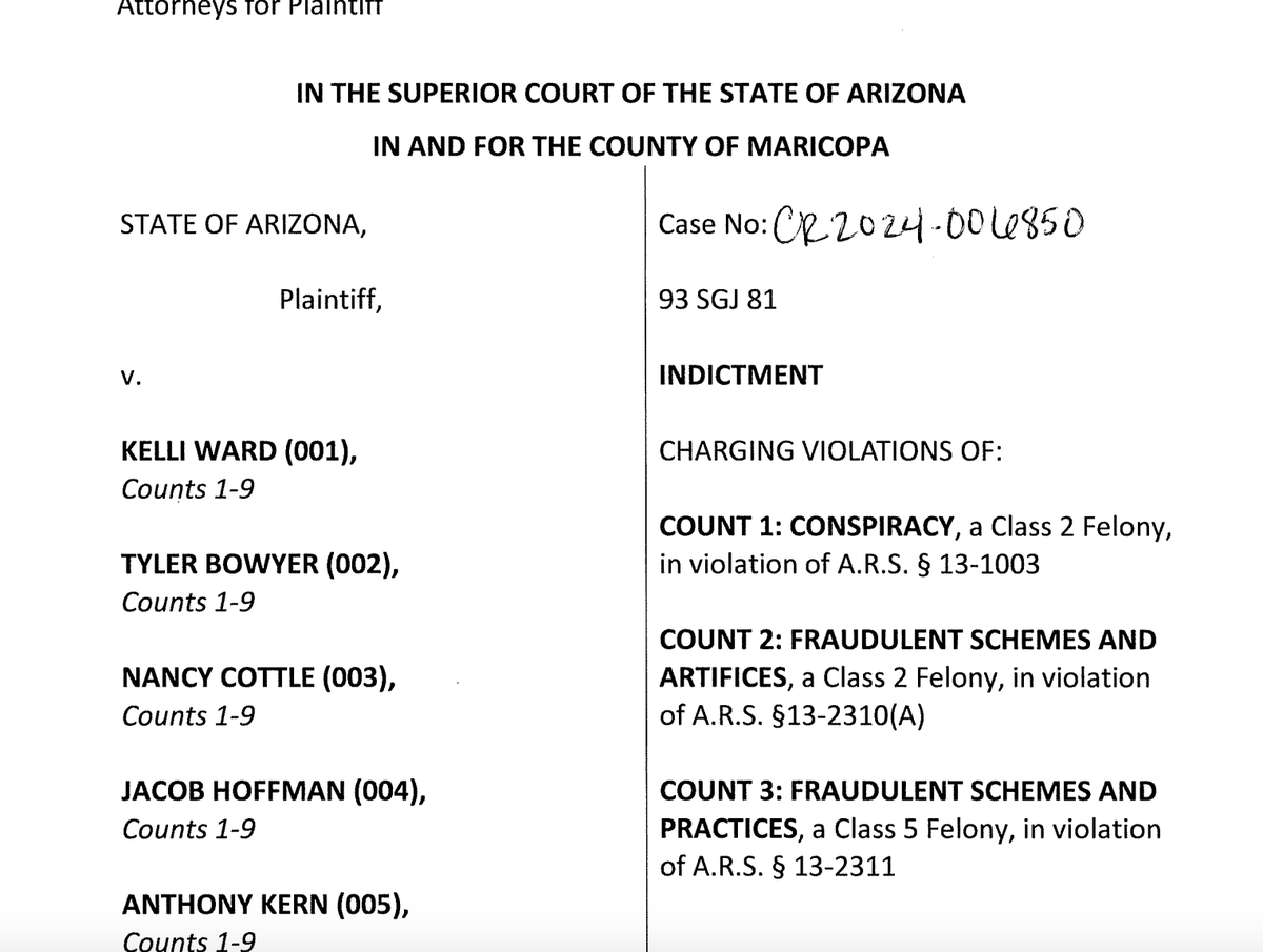 NEW: an Arizona grand jury has indicted 18 people, including former state senator Kelli Ward and Turning Point official Tyler Bowyer on multiple counts for conspiring to keep Donald Trump in office after the 2020 election.