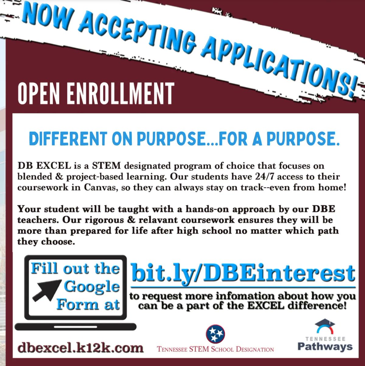 📣 Prospective Families:  Now Enrolling ⭐ All Grade Levels ⭐ for Fall '24‼️ ⭐ Limited Seats Available ⭐ 
➡️ Complete the ⭐ Interest Form ⭐ here & 🗓️ a tour 🌐 bit.ly/DBEinterest
Contact: 📧 nroebke@k12k.com
#openenrollment #schooladmission #STEM4ALL #PBL #careerready