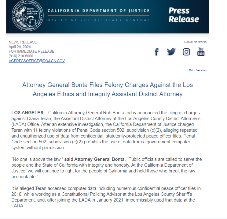 INBOX: California AG has filed 11 felony charges against a Los Angeles prosecutor accused of 'unauthorized use' of information from police officer files.