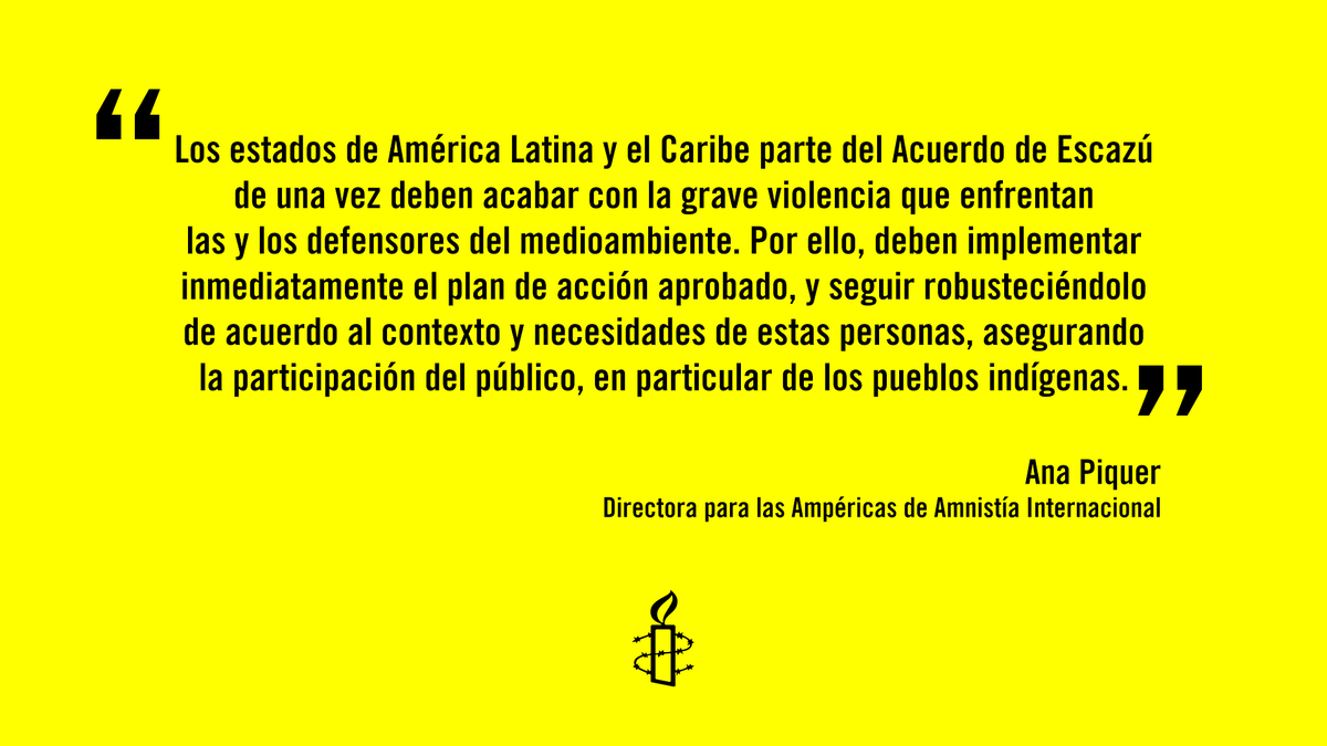 Saludamos la aprobación del 'Plan de Acción de defensoras y defensores en asuntos ambientales' durante la Tercera Conferencia del #AcuerdoDeEscazú #COP3. Esperamos que sea un primer paso para su protección efectiva en América Latina y el Caribe.