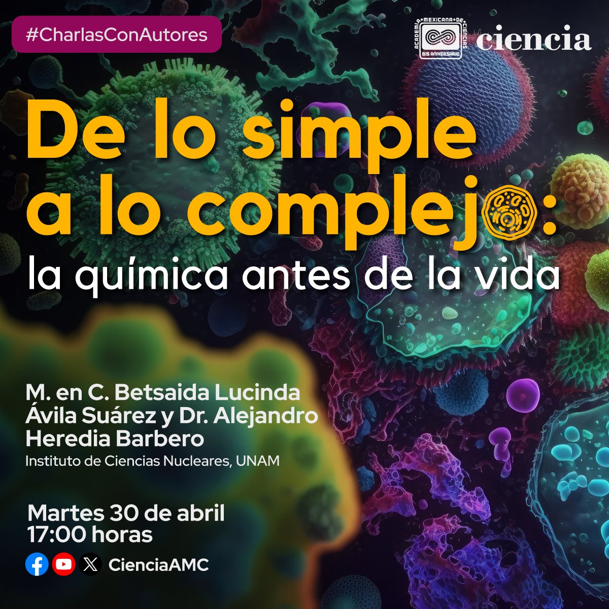 En esta #CharlaConAutores descubriremos si el ambiente en la Tierra primitiva 🌎 fue suficiente para dar origen a la vida. 🦠 Nos acompañarán Betsaida Ávila y Alejandro Heredia del @icnunam. 🗓️ Martes 30 de abril ⏰ 17:00 h 📺 youtube.com/live/R4gciBFFx…