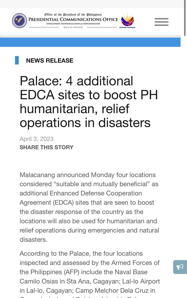 Mr. President, Filipinos have the right to know the truth. Please stop lying!

PBBM's lack of transparency regarding the true purpose of the EDCA sites raises concerns. Are these sites truly intended solely for humanitarian relief operations, or do they serve other undisclosed