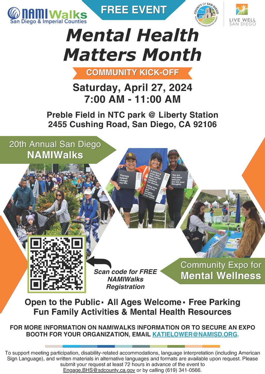 The 20th Annual San Diego NAMIWalks is this Saturday, April 27 from 7 AM- 11AM. Come visit the @LiveWoWBus and several vendors at Liberty Station. We are bringing county resources and services. It is a free fun family event you won't want to miss.