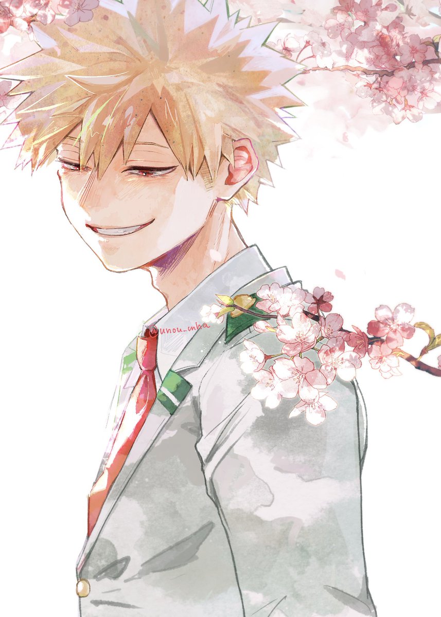 bakugou katsuki solo smile short hair simple background shirt blonde hair white background  illustration images