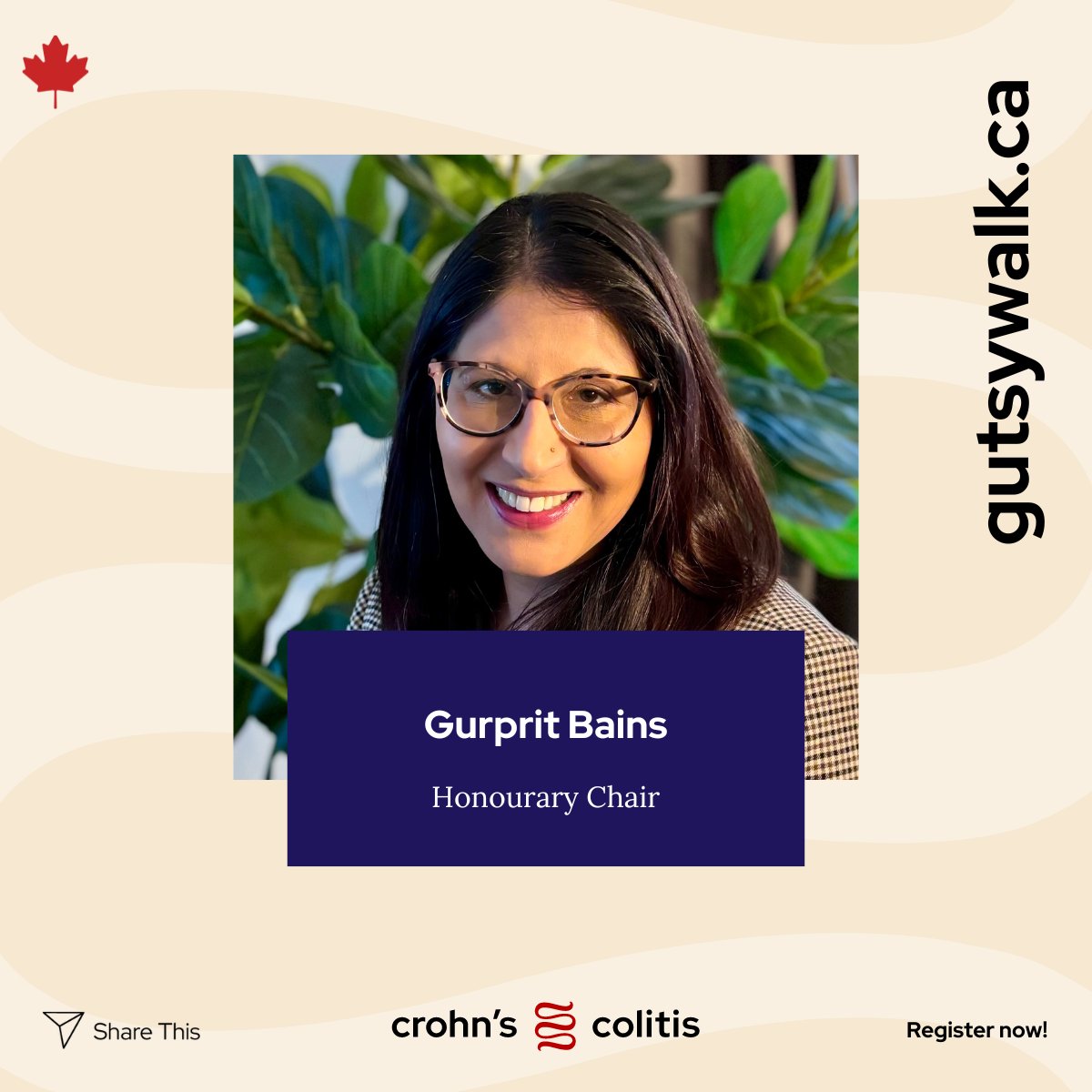 Meet Gurprit, one of this year’s Gutsy Walk Honourary Chairs! In 2019, Gurprit’s son was diagnosed with ulcerative colitis. They found comfort in the support received from Crohn’s and Colitis Canada, including #GutsyWalk. bit.ly/49Qi3zB