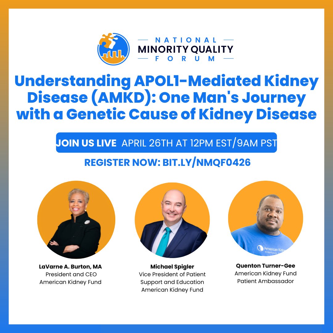 Tomorrow, join us live for a webinar “Understanding APOL1-Mediated Kidney Disease (AMKD): One Man's Journey with a Genetic Cause of Kidney Disease”–for an insightful discussion. 🗓 Date: Friday, April 26 ⏰ Time: 12:00 PM ET 🔗 Register now: bit.ly/NMQF0426