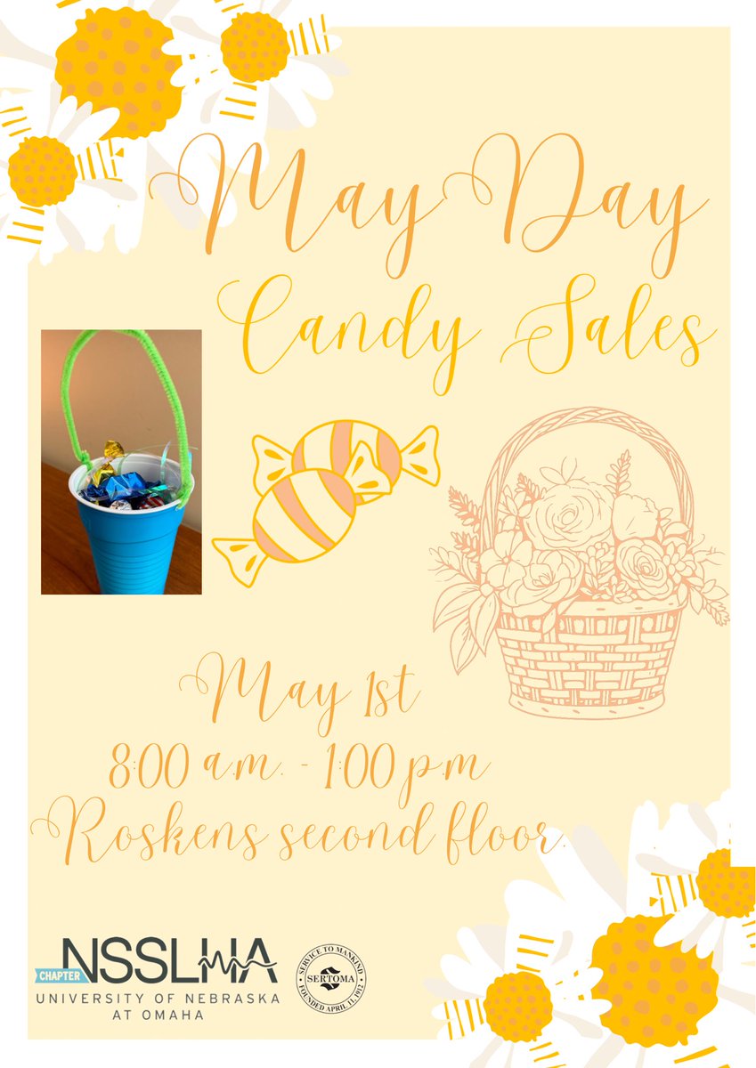 UNO NSSLHA/Collegiate Sertoma is bringing back the tradition of May Day baskets! Each basket is $3.  If you would like to place an order for delivery on May 1, please submit your response to this form by April 29, 5p.m. forms.gle/KLBeUV7SgzgY84…   We will also be selling on May 1st