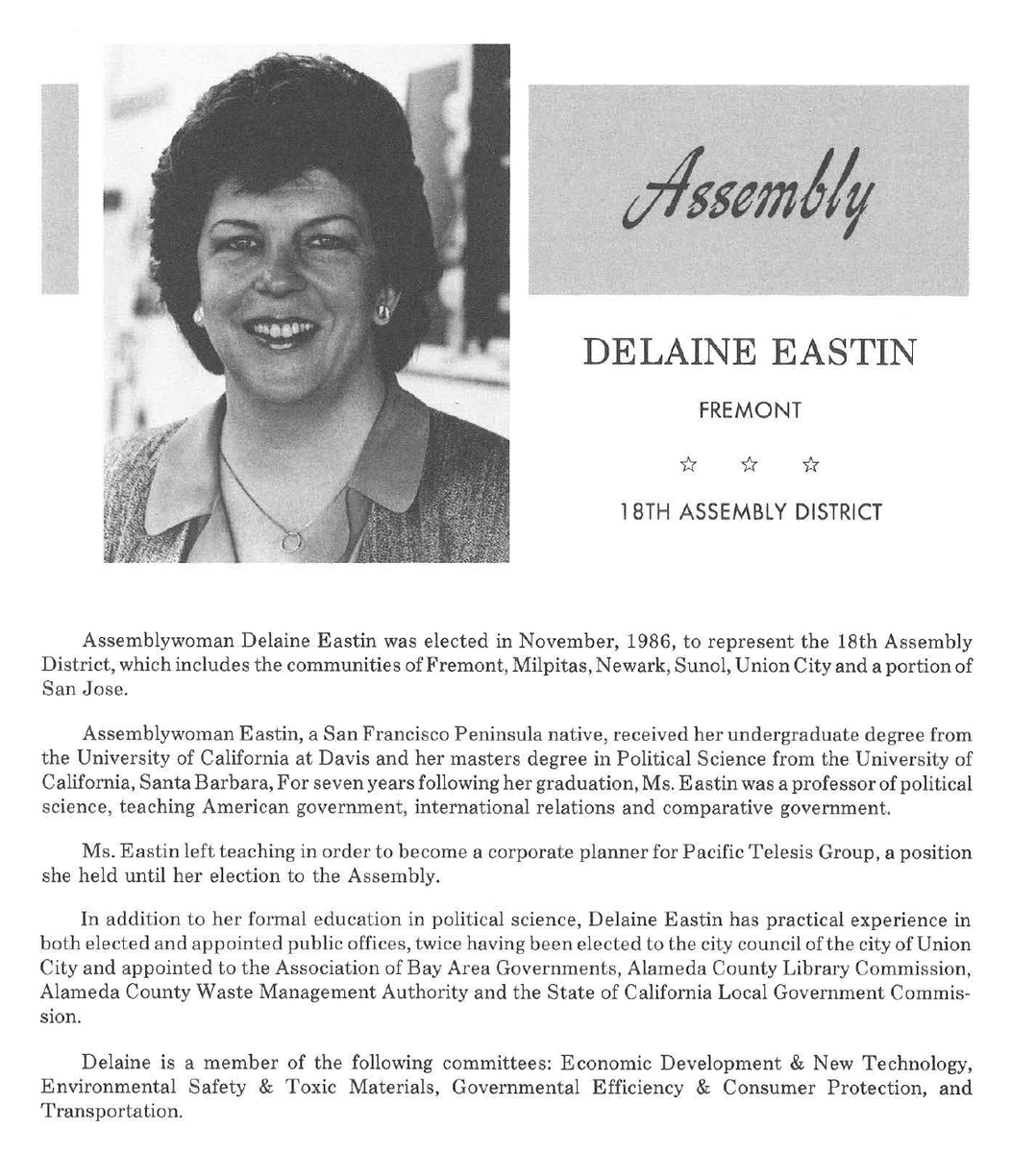 The biography for @DelaineEastin from her first term in the State Assembly.