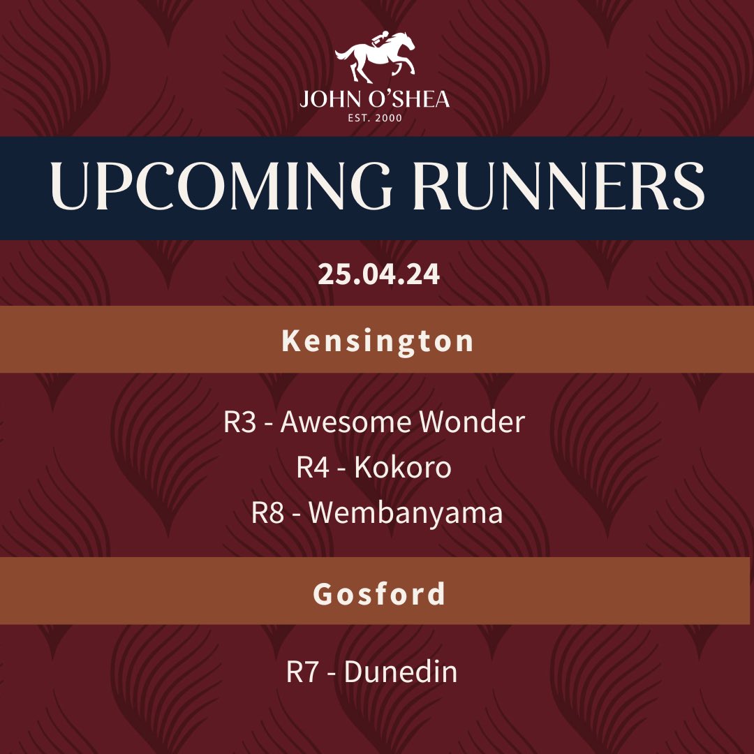 We have three runners lining up on the Kensington track @aus_turf_club Randwick today, while 3YO Dunedin heads to @gosford_races. Good luck to all connections 🏇